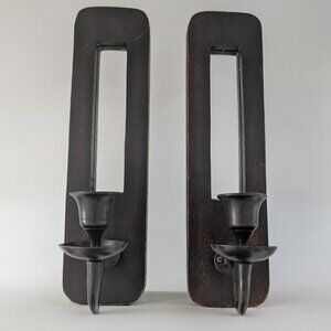 Mid-Century Vintage Pair of Wood Mirrored Wall Sconces | Candle Holders